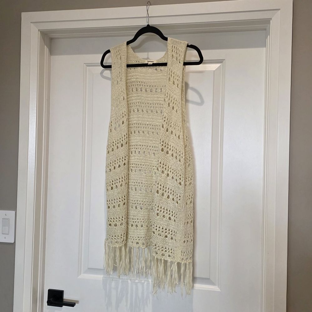 Garage Cream Crochet Fringe Cardigan Vest
